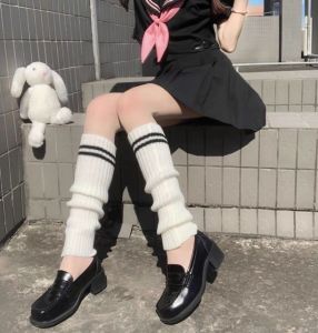 Y2K Japanese Lolita Sweet Girl Striped Leg Warmer Knit Socks Wool Ball Knitted Foot Cover Cosplay Women Autumn Winter Heap Heap Sock