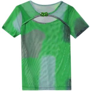 REHIN Womens top New Summer Retro hollow collar design plate buckle thin tie-dye short sleeve T-shirt trend blouse