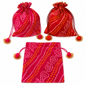 Bandhani Potli Bag Set with Designer Brooch Embellishments | Decorative Gift Pouch for Pooja Return Gifts Jewelry & Festive Storage (Pack of 1 Pc)