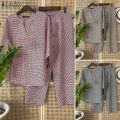 Celmia ZANZEA Women Two-piece Outfits Retro 3/4 Sleeve Loose Top Elastic Waist Trousers Grid Printed Sets #1208. 