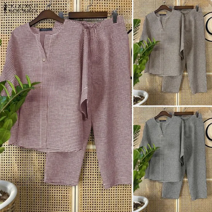 Celmia%20ZANZEA%20Women%20Two-piece%20Outfits%20Retro%203/4%20Sleeve%20Loose%20Top%20Elastic%20Waist%20Trousers%20Grid%20Printed%20Sets%20#1208%20-%20Image%204