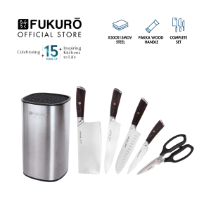 Fukuro Premium Stainless Steel Seido Knife Set – Chef Santoku Cleaver Utility Scissor & Holder | Kitchen Tool