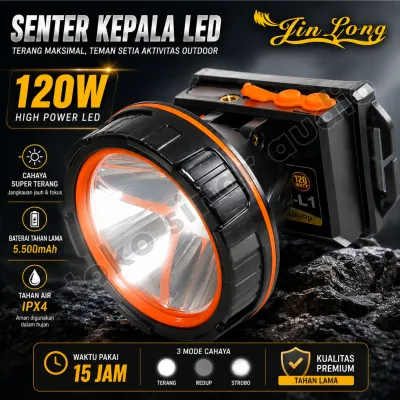 TERMURAH ~ Senter Kepala 120 Watt LED Super Terang JINLONG JL-L1 Tahan 15 Jam BAHAN PREMIUM Baterai Jumbo 5500mAh - COD GRATIS ONGKIR - TOKO SINAR AUDIO