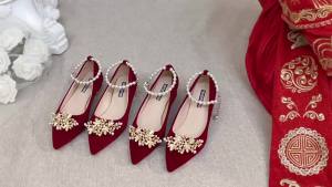 Giày Cưới Hoa Đế Bằng Váy Cưới Hexiu Đôi Giày Cô Dâu Màu Đỏ Cho Bà Bầu Không Mỏi Chân 2024 Giày Cao Gót Năm Mới