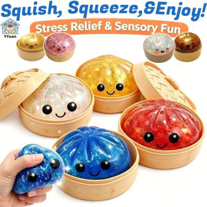 Glitter Dumpling Squishy Toy with Steamer Simulation Squeezable Stress Relief Toy for Kids Adults