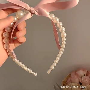 Bowknot Headband for Woman with White Pearls Decors Delicate Headbands Banquets Headbands Sweet Hairbands Yoga Supply