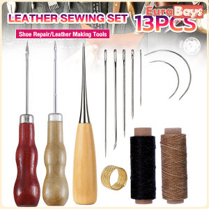 E.B. 13pcs DIY Leather Sewing Kit Sewing needle/Wooden Handle Awl/Wax Thread/Sewing Awl