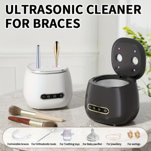 FIRST SONG Portable Ultrasonic Cleaner for Retainers with 3 Timer Settings 160ml 45Khz Sonic Cleaning Pod UV Sanitizer Multi-Function Retainer Aligner Cleaning Machine for Dentures And Mouth Guards