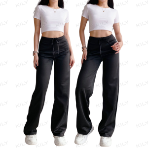 Buy 1 Take 1 KILY Casual Flared Pants Midwaist Drawstring Slightly Stretchable Gray Pants for Women 7A0062 ADD ONE SIZE!!