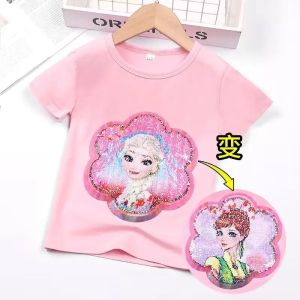 【ปักเลื่อม】เด็กเสื้อยืดแขนสั้น ผ้าฝ้าย 100% พิมพ์ลาย แฟชั่นสําหรับเด็กผู้ชาย และเด็กผู้หญิง ปักเลื่อม เลื่อมย้อนกลับ NEW  เด็กT-Shirt