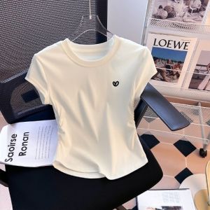 Women Cotton Korean Slim Short Sleeve T-shirt Casual Polo Neck Crop Tops