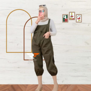 Jumpsuit Overall Celana Kodok Baju Monyet Wanita Katun Strecht Melar Hitam Army Milo Fit to XL