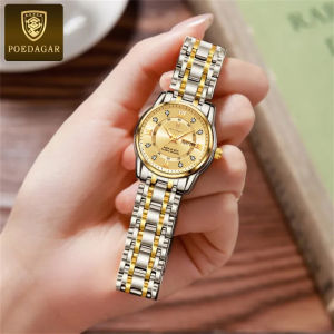 POEDAGAR luxury business watch for women waterproof sale original korean style elegant stainless steel diamond dual calendar luminous women watch