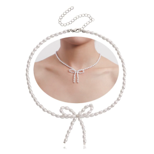 Artificial Pearls Necklace Neck Bowknot Pendant Necklace Artificial Pearls Necklace Party for Women Girl