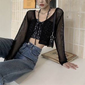 OKKFINE Hollow Out Knitted Cardigan Long Sleeve Thin Outwear V-Neck Sun-Proof Tops Women