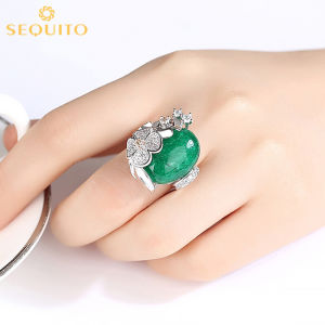 SEQUITO Unique Design Green Emerald CZ Flower Jewelry Women Statement Adjustable Cocktail Ring SR029