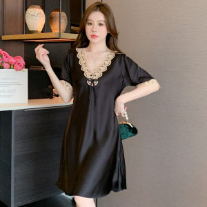 Sentexin Womens Pajamas Dress Lace Trim Nightdress Slim Fit V-Neck Female Nightdress Ladies Ice Silk Home Sleep Dress