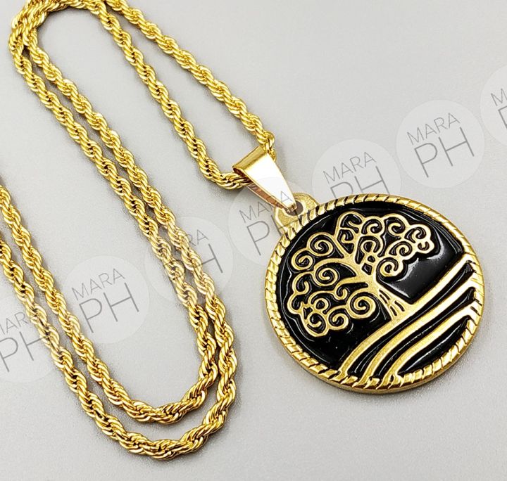 MARA PH Men's 18 Karat Gold Plated Stainless Steel Tree of Life Pendant  Necklace with 20 inches Rope Chain, Tree of Life Medal Pendant Necklace  Gift