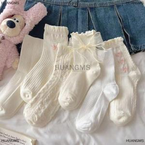 [COD] HUANGMS 1 Pair Lolita Socks Bow Middle Tube Preppy Style Princess Socks JK Streetwear