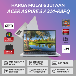 BEST SELLER LAPTOP GAMING Acer Aspire 3 A314-42P-R8PQ / RAM 8GB / SSD 512GB / AMD Ryzen 7 5700U / Wifi 6 / Free Install Windows 11 / Bergaransi / Pure Silver