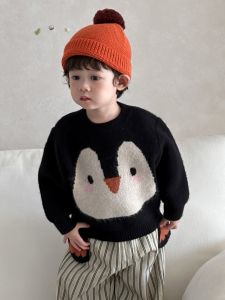 Childrens Clothing Autumn and Winter Korean Style Baby Penguin Sweater 2025 Boys Thickened Striped Pants Set