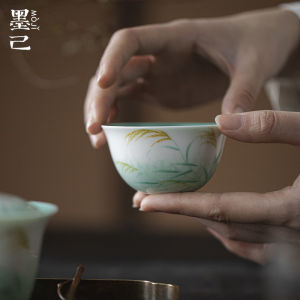 墨己白瓷手绘芦苇主人杯功夫茶具家用玉泥白瓷内釉松石绿喝茶单杯