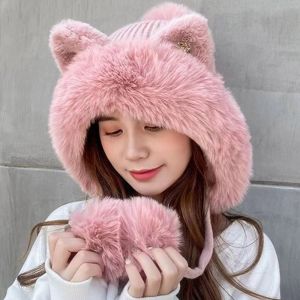 BESTOURO Tai Mèo Mũ Dệt ấm áp Hoạt hình Lông mịn Mũ dày Dễ thương Mũ vành tai Mũ trượt tuyết Mùa đông