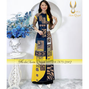 Áo Dài Hoạ Tiết Thổ Cẩm Sang Trọng Tôn Dáng Lụa Habutai K90 Vàng Đen - Áo Dài Xuân Quỳnh