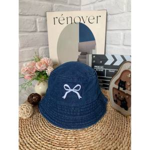 Bow Embroidery Solid Vintage Washed Denim Bucket Hat for women Summer outdoors Thick Material Hat