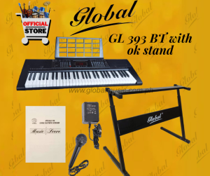 GLOBAL KEYBOARD GL 393 BT BLUETOOTH COMPATIBLE 61 standard sized KEYS USB MP3 SPLIT KEYBOARD AUDIO & HEADPHONE OUTLET 3 LEARNING MODE Program Record Play Function Metronome Single / Multi Fingered Tanspose Vibrato Sustain Volume Rotary Knob AC/DC power