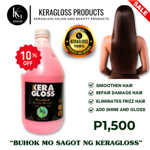 KERAGLOSS BRAZILIAN KERATIN BLOWOUT WITH ARGAN OIL STRAWBERRY SCENT - 1/2 GALLON. Smoothens hair repairs damage eliminates frizz adds shine and gloss. 10% off. P1500.