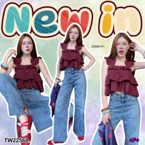 TW22568 เสื้อสายเดี่ยวระบายลายสก็อต แต่งระบายเพิ่มความน่ารัก