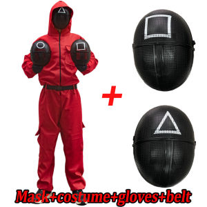 Bộ Mặt Nạ Trang Phục Trò Chơi Mực Màu Đỏ Bộ Đồ Liền Thân Hóa Trang Mặt Nạ Mũ Bảo Hiểm Bằng Nhựa Hình Tam Giác Tròn Sáu Hình Vuông Trang Phục Tiệc Halloween