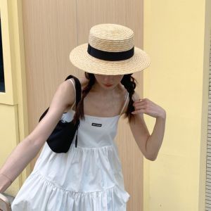 FUNG Spring Summer Straw Hat French Style Sunshade Sun Hat Fashion Vacation Flat Tops Cap Male and Female