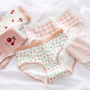 NEB11 Hàn Quốc đàn hồi Kẻ sọc Eo giữa Cô gái Đáy bông Quần lót hoa Vạch sọc Cherry in Briefs Thân mật phụ nữ