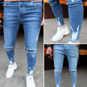 HOPEU Skinny Ripped Jeans for Men Long Pants Man Torn Slim Fit Frayed Elastic Denim Jogger Jeans New Style Pants for Men Straight Stretchable Casual Trousers Mens Celana Panjang Lelaki Seluar Jeans Lelaki Koyak 牛仔裤男