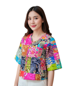 เสื้อครอปคอวี ผ้าป่านอินเดียแท้ แฮนด์เมด Patchwork โบฮีเมียน กระดุมหน้าเต็ม อัดกาวทั้งตัว | M–6XL