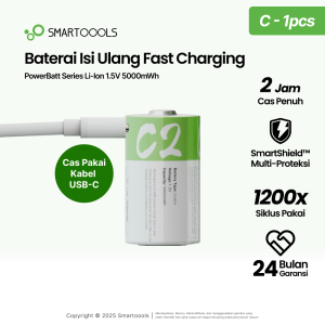 Baterai Cas Isi Ulang Smartoools PowerBatt Ukuran C Voltase 1.5V dengan port Type-C USB Rechargeable Lithium Ion Battery Charge Isi Ulang 1200 Kali