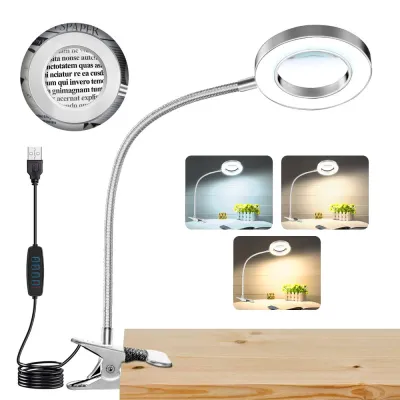 ESQEXF 3 โหมดหรี่แสงได้ แว่นขยายพร้อมไฟ 360 ° คอห่านที่ยืดหยุ่น 5X แว่นขยาย LED สำหรับโต๊ะทำงาน ทนทาน ปรับได้ โคมไฟตั้งโต๊ะมีไฟ สำหรับงานฝีมือ DIY อ่านหนังสือเรียนรู้