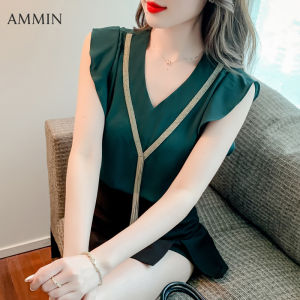 AMMIN 2023 new summer short-sleeved ladies ruffled pullover OL chiffon shirt womens V-neck ruffled sleeves Korean style chain embellishment elegant blouse female ins tops