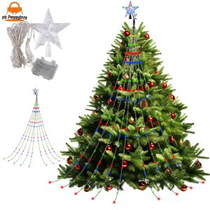 Decorative Waterfall Tree LED Lights with Star Topper for Christmas Festive Decor Bright Multi-Color String Lights