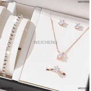 [COD] WEICHENG Luxury Women Ring Necklace Earrings Rhinestone Bracelet Female Casual Ladies Jewelry Set