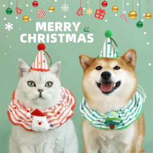 MISSLADY Cotton Christmas Pet Striped Scarf Adjustable Cute Pet Christmas Hat Pet Grooming Accessories Washable Pet Collar Set Autumn Winter