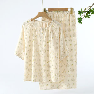 2025 New Spring and Summer Womens Cotton Pajamas Set Printed Short Sleeves + Cropped Pants Two-piece Set