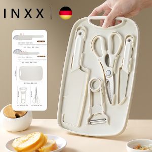 INXX 5PCS Knife Cutting Board Set Kitchen Knife Set Fruit Stainless Steel Vegetable Scissor Tools