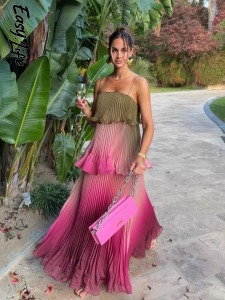 Chic Multicolored Pleated Women Maxi Dress Elegant Spaghetti Strap Ruffle Tiered Flowy Vestidos 2026 Summer Lady Vacation Outfit2026