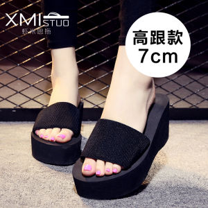 [Free Shipping] New high-heeled womens slip-on wedges versatile platform thick-soled outdoor slip-ons with elastic shoelaces lightweight and non-slip