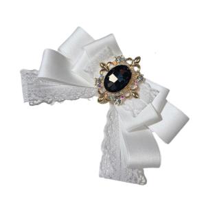 Womens Lace Ribbon Bows Tie with Rhinestones Accents for Evening Gowns Pre Tied Bowtie Brooch Pin Necktie Clip Corsages