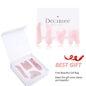 DECINIEE 4 Pcs/Set Natural Jade Rose Stone Guasha Board Massage Tool Therapy Face Massager Antistress Body Care Scraping Board (With Box)