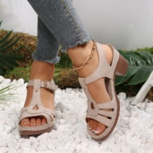 [Free Shipping] New Plus-Size Wedge-Heeled Open-Toe Fish-Mouth Sandals For Women Featuring A Chunky Heel Buckle Closure And A Hollowed-Out Design Perfect For The Beach